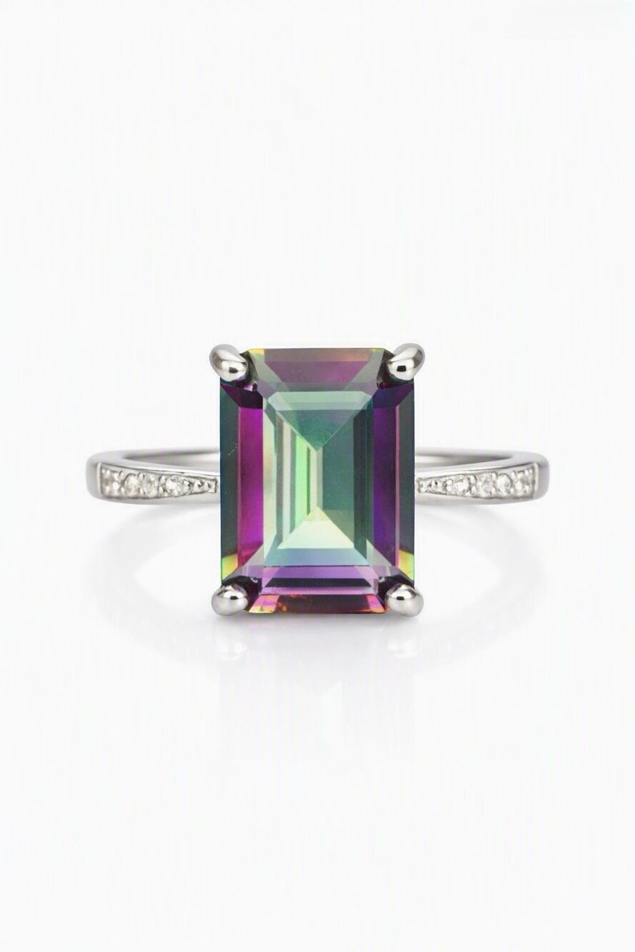 Mystic Topaz Sterling Silver Ring – Emerald Cut Iridescent Gemstone Jewelry Sz 6